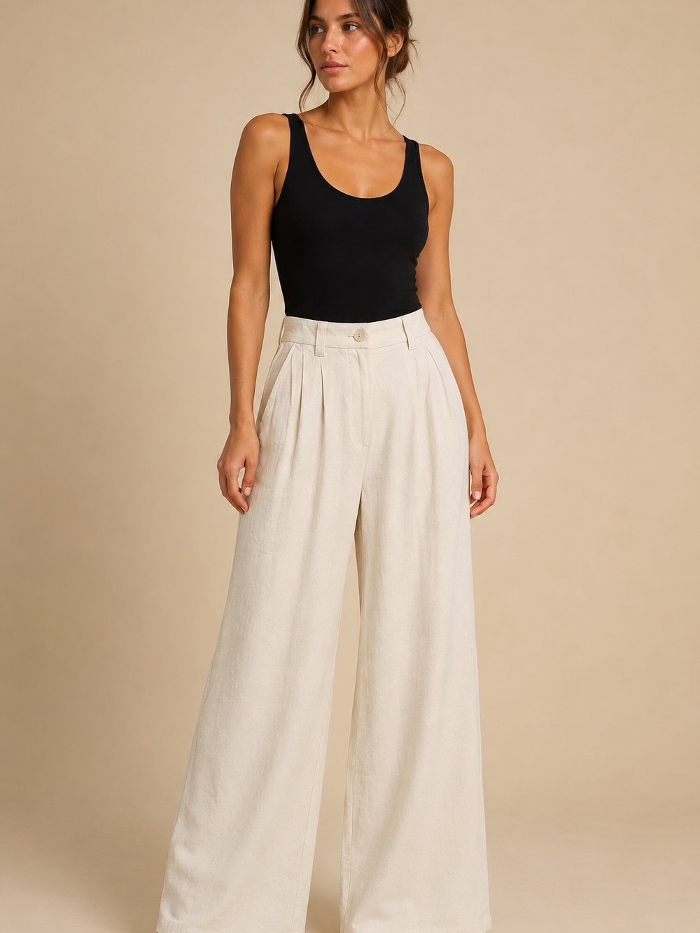 ASOS Design Cream Linen Blend Pleated Wide Leg Pants US Size 4
